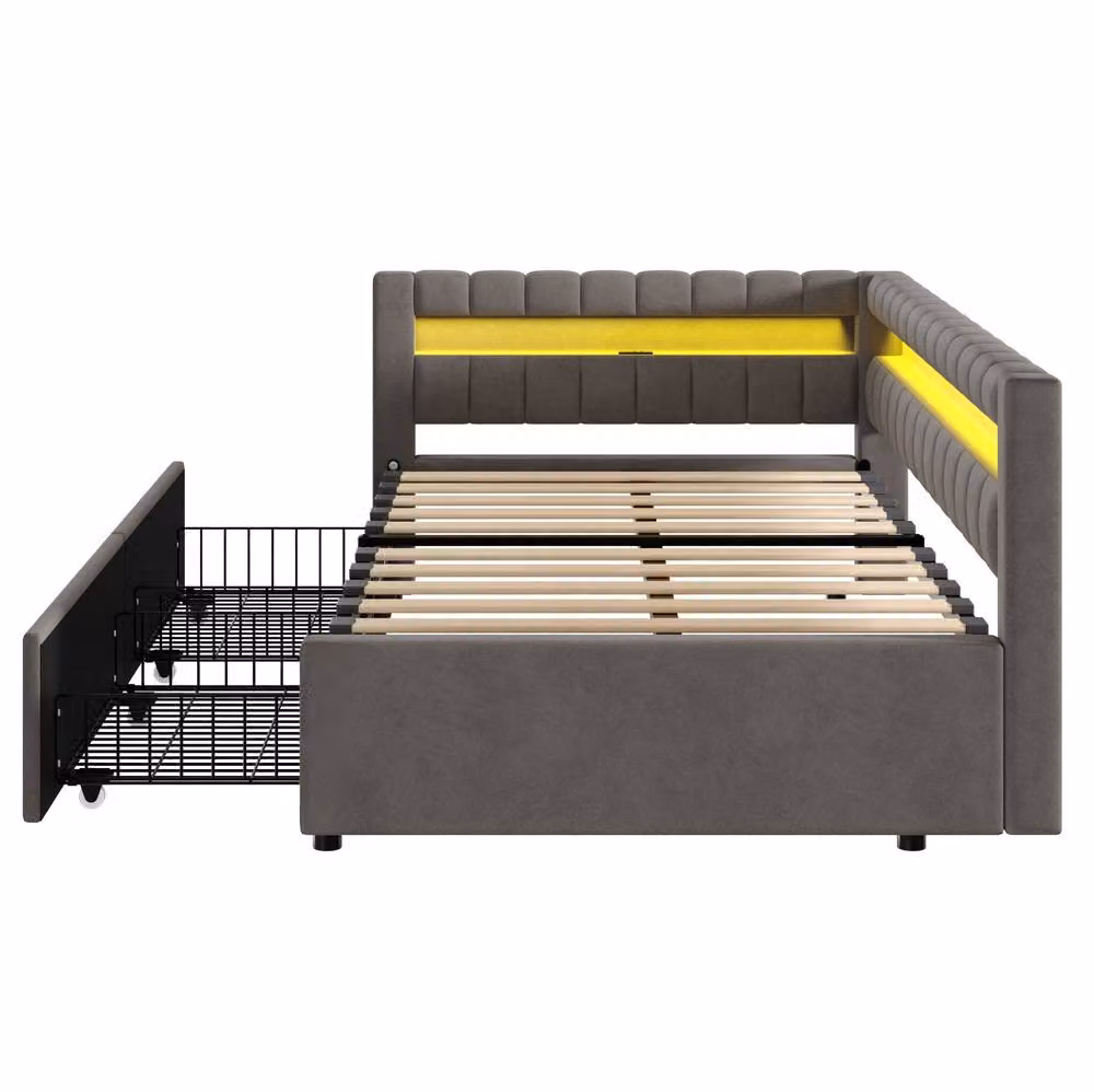 STILVORA Grey Velvet Single Day Bed with Drawers, LED Lighting and USB Charging Station, W/D/H: 190 x 90 x 79 cm – 5