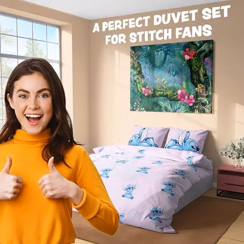 Disney Stitch Pink and Multicolour Duvet Cover and Pillowcase Set for Kids and Teenagers, W/D/H: 200 x 200 cm and 50 x 75 cm – 3