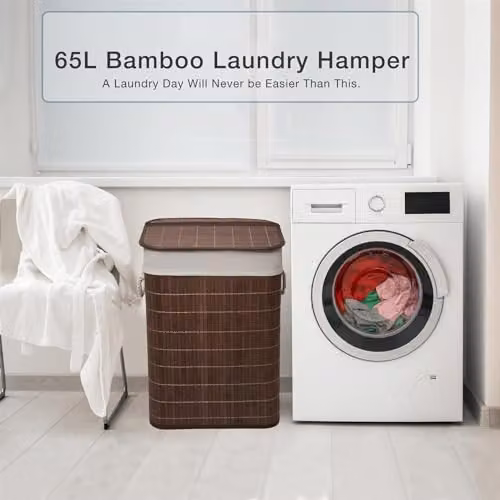 MantraRaj Bamboo Foldable Laundry Basket with Lid and Removable Liner, 65L, Dark Brown – 4