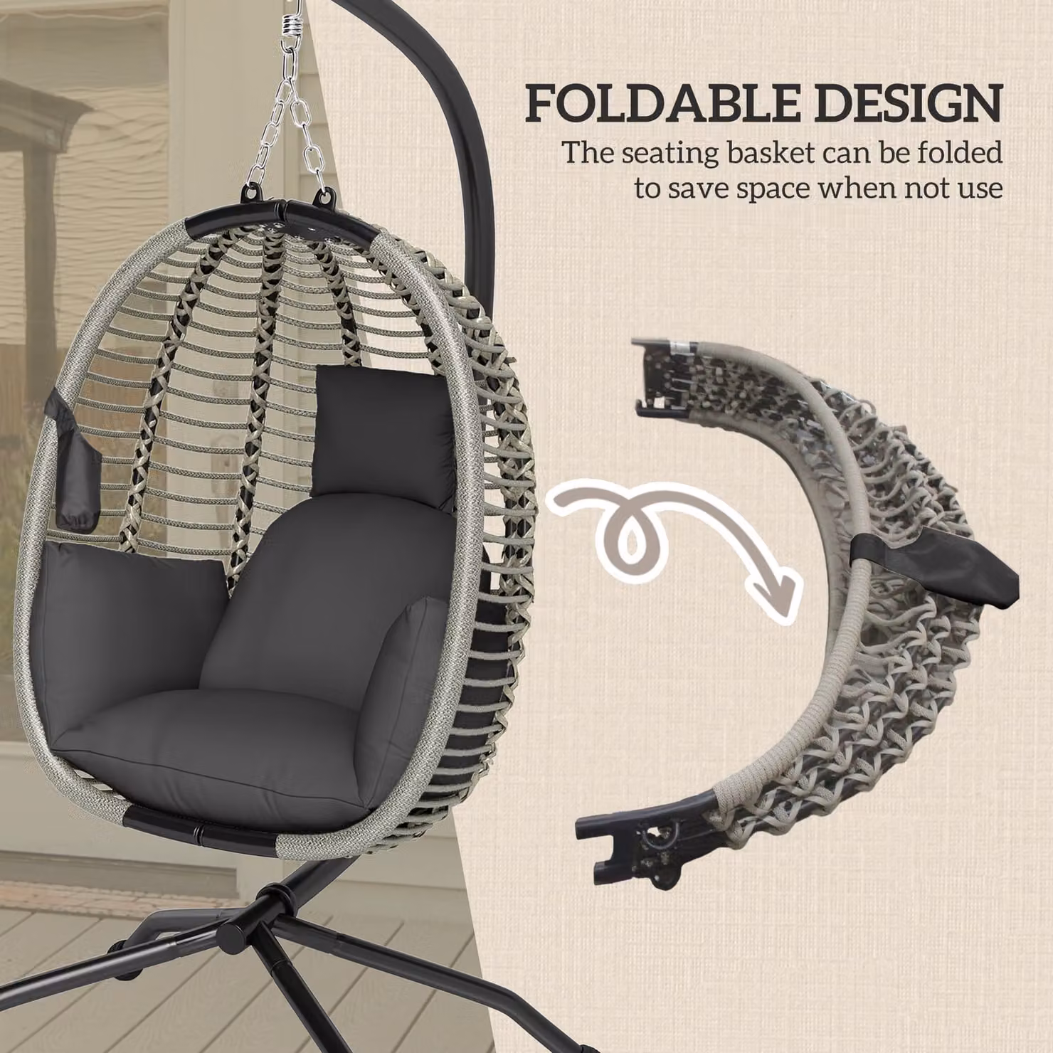 Outsunny Modern Egg Swing Chair with Metal Stand and Padded Cushions in Dark Grey – 5