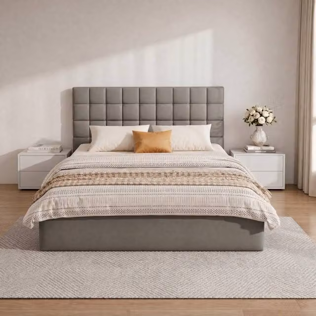 Merax Grey PU Leather Double Storage Ottoman Bed Frame with 3 Drawers, W/D/H: 140 x 200 x 135 cm