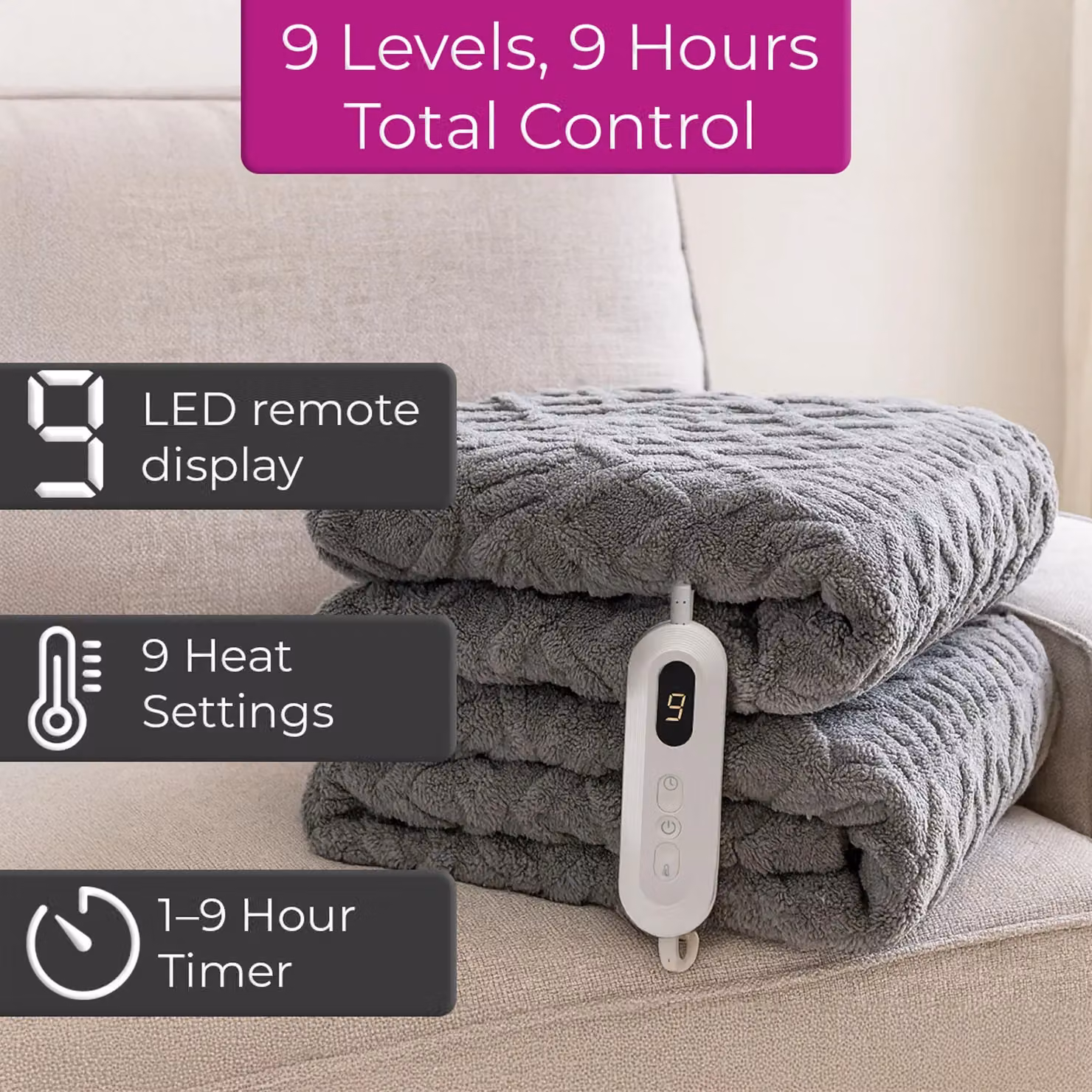 Neo Reversible Electric Heated Throw Blanket with Cable Knit Effect in Grey, W: 130 cm, D: 160 cm – 3