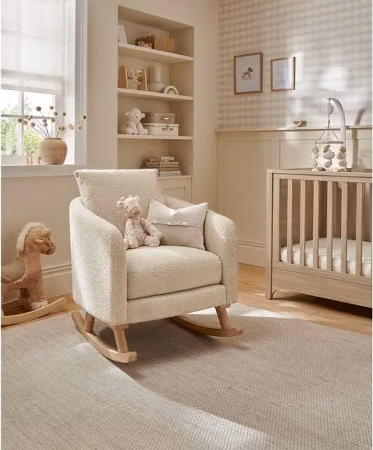 Mamas & Papas Alma Nursing Chair with Ottoman in White Bouclé and Solid Wood Frame