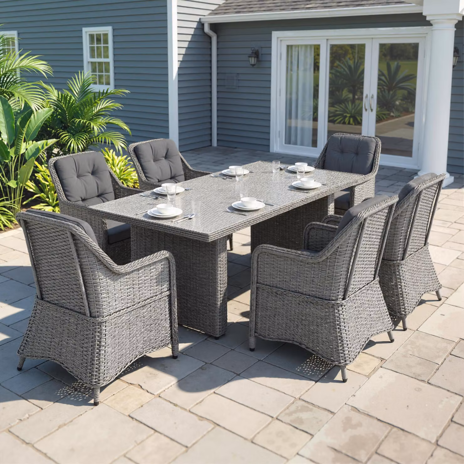 Outsunny 6 Seater Grey Rattan Garden Dining Set with Round Aluminium Table and Seat and Back Cushions – 2