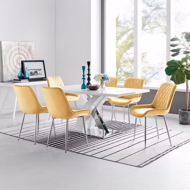 FurnitureboxUK Atlanta 6 White Rectangular Dining Table and 6 Pesaro Mustard Chairs with Silver Legs