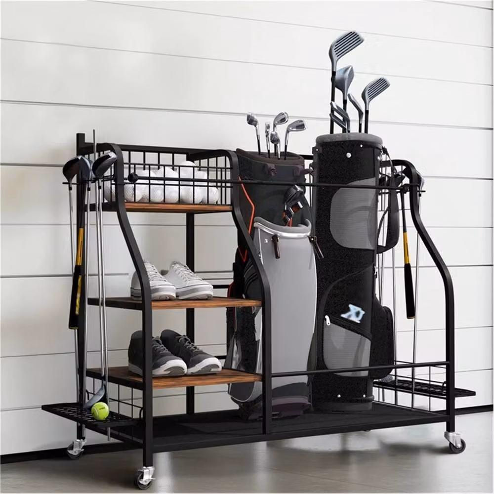 Nordara Metal Garage Golf Storage Organizer in Black for 2 Golf Bags and Club Basket – 2