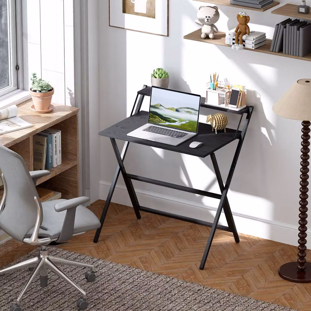 STILVORA Foldable Black Metal Desk with Monitor Shelf for Home Office – 2