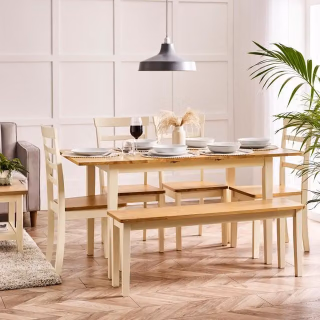 FurnitureboxUK Salcombe Extending Rectangular Wooden Dining Set with 4 Whitby Chairs and 1 Large Bench in Beige