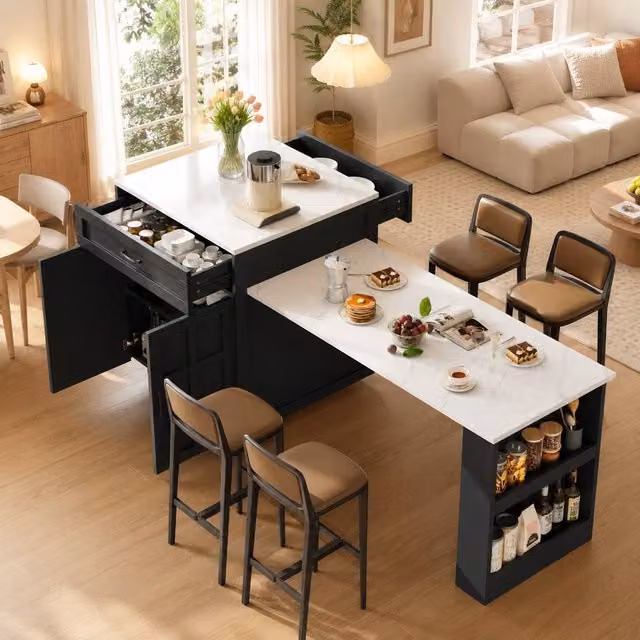 Merax Extendable Kitchen Island with Pull-Out Dining Table and Dual-Side Drawers in Black