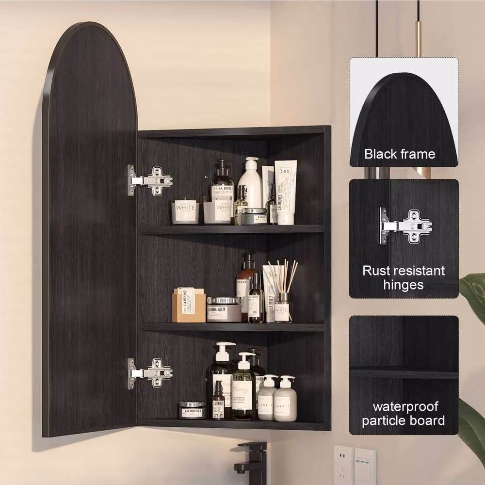 KEEPREAPER Black Arched Corner Bathroom Mirror Cabinet with Hinged Glass Doors, W: 40 cm, H: 80 cm – 2