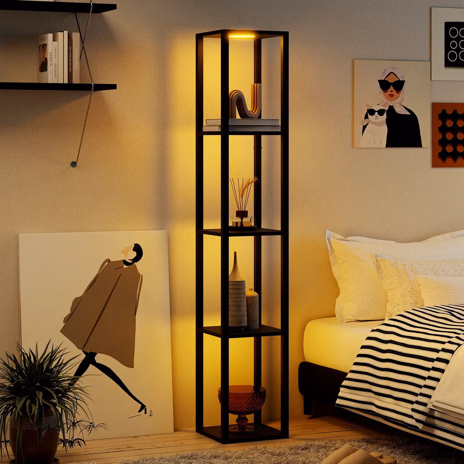 Costway Black LED Floor Lamp with 4-Tier Wood and Metal Shelves and Dimmable Adjustable Lighting – 7