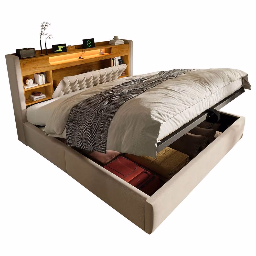 Matteo Super King Upholstered Bed in Beige with Hydraulic Storage, LED Lighting, and USB Charging Ports, W/D/H: 200 x 200 cm – 5
