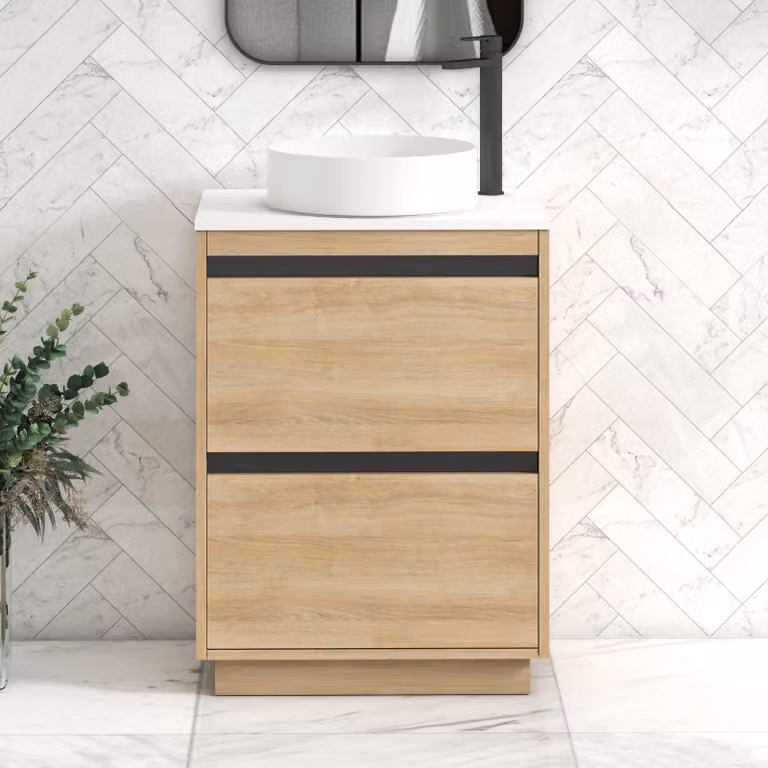 Royal Bathrooms Orion 600mm Natural Oak Floor Standing 2 Drawer Vanity Unit with White Countertop and Black Accent Trim