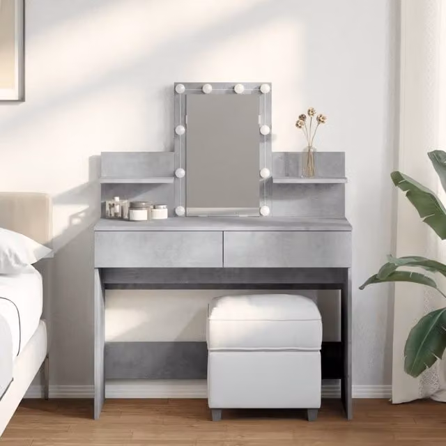 Berkfield Home Modern Dressing Table with Hollywood LED in Concrete Grey, W/D/H: 100 x 40 x 130 cm – 1