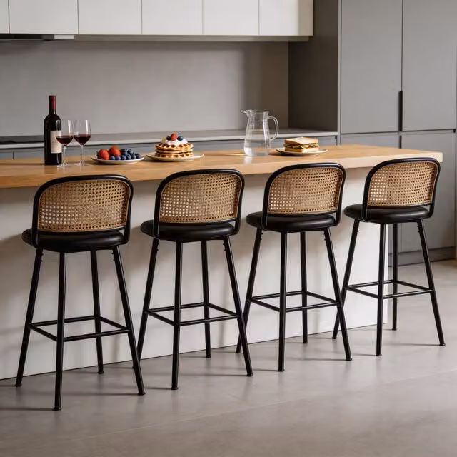Furniture One Modern Padded Bar Stools with Rattan Back in Black