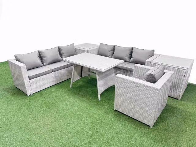 Fimous 7-Seater Patio Furniture Set with 3-Seater Sofa, Armchairs and 2 Side Tables in Light Grey