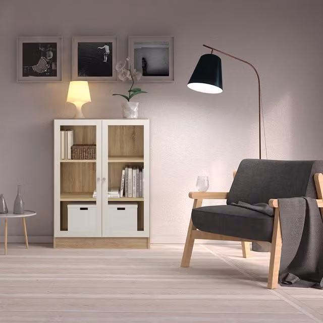 Furniture To Go Basic Low Wide Display Cabinet in Oak with 2 Glass Doors and 2 Internal Shelves