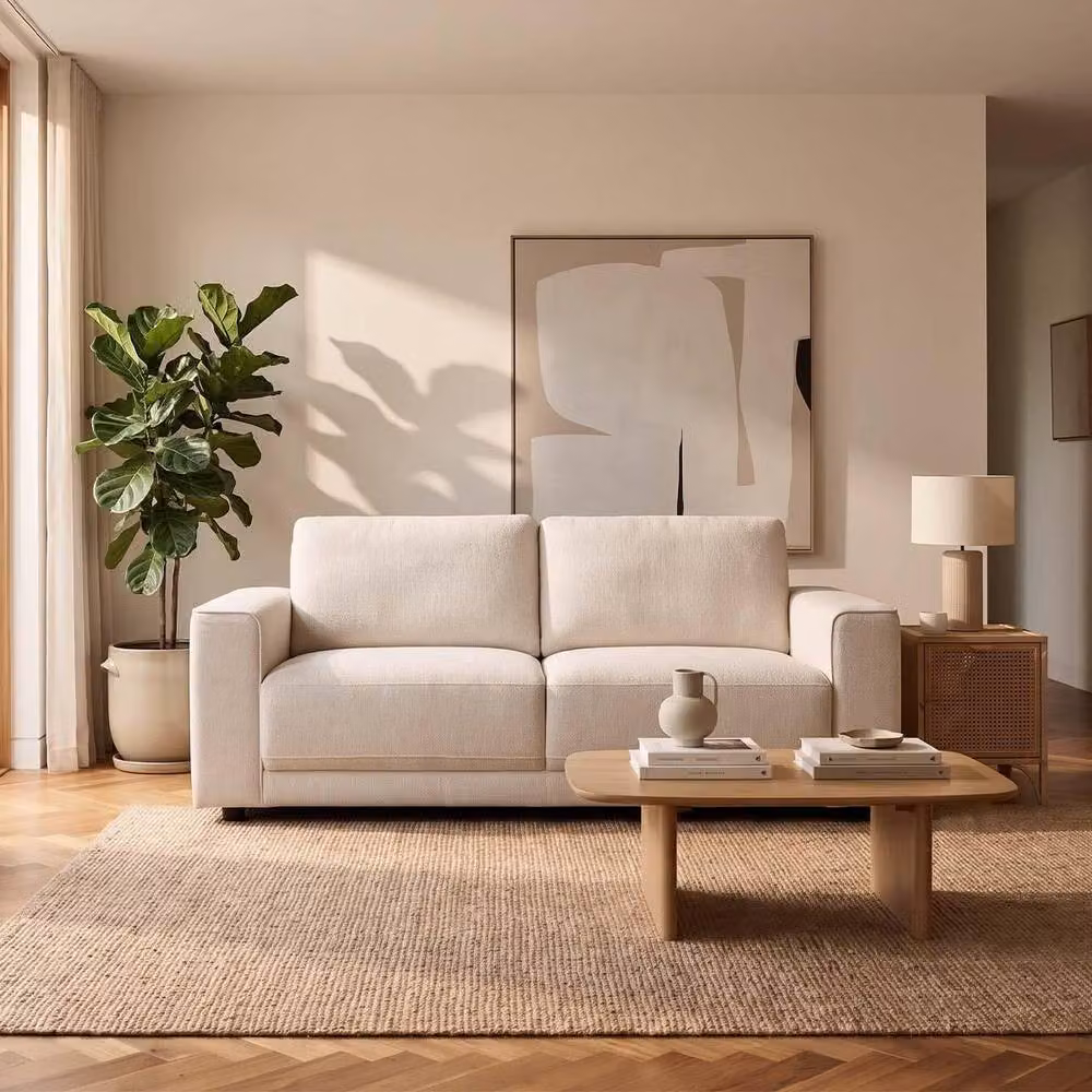 Furnishings For Less UK Melrose 2 Seater Woven Beige Fabric Sofa with Removable Back Cushions – 2