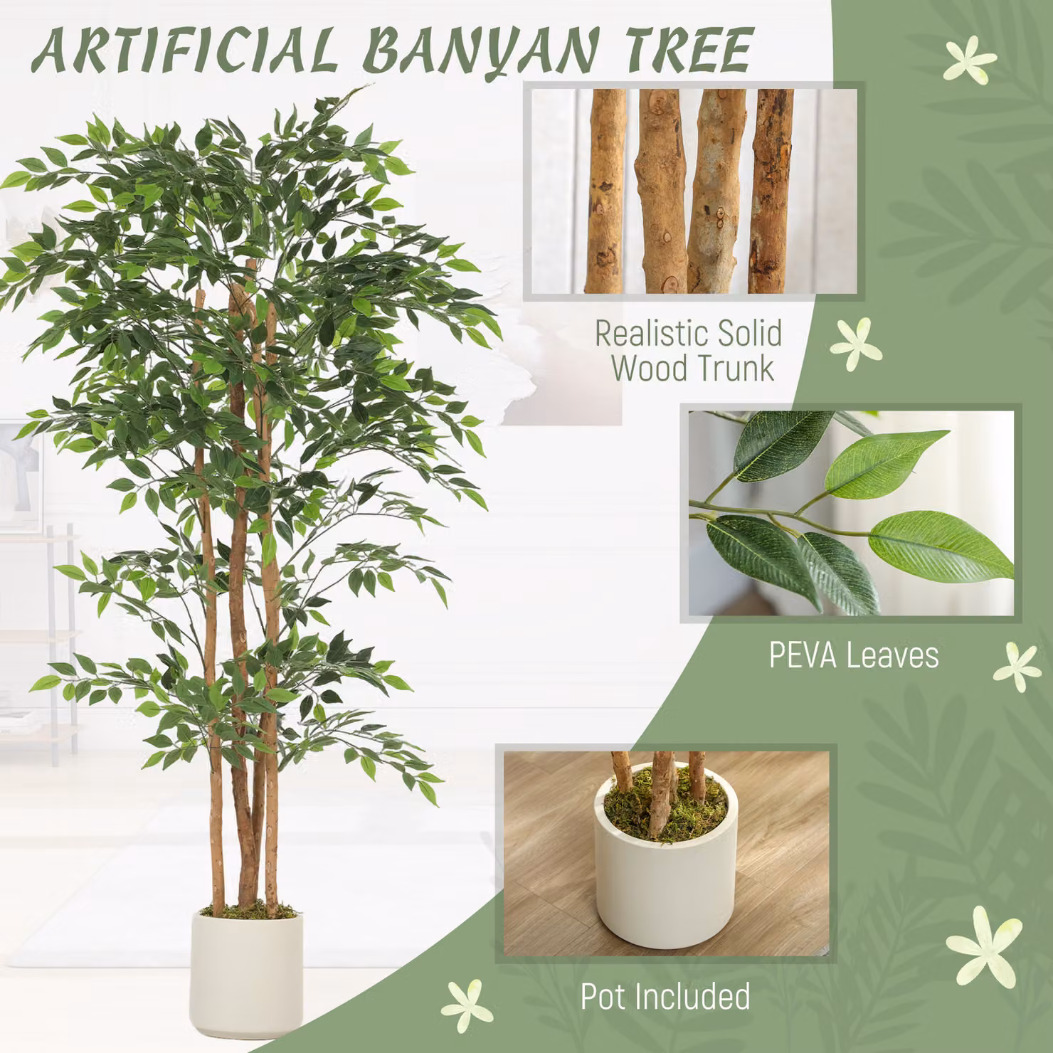 HOMCOM 180cm Artificial Ficus Tree in Green and White with Wood and Plastic Trunk and Pot – 3