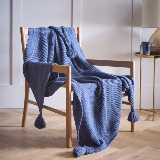 Portfolio Home Copenhagen Knitted Tassels Throw Blanket in Blue, W: 127 cm, D: 152 cm