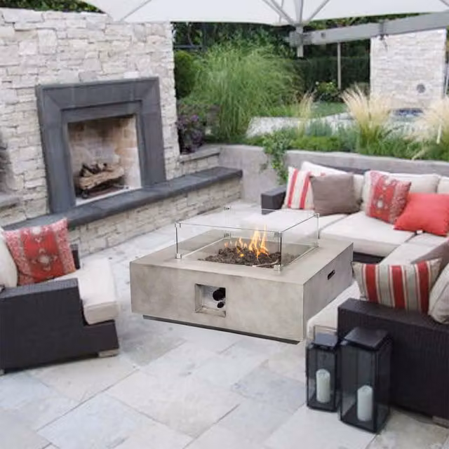 Teamson Home Outdoor Concrete Propane Gas Fire Pit Table with Glass Screen and Lava Rocks in Light Grey – 1