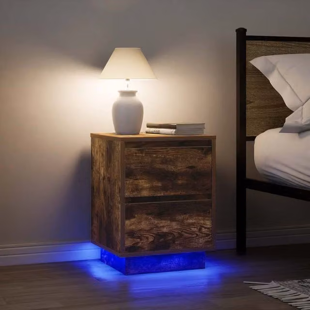 Berkfield Home Set of 2 Bedside Cabinets with Integrated LED Lights in Smoked Oak, W/D/H: 38 x 34 x 50 cm – 1
