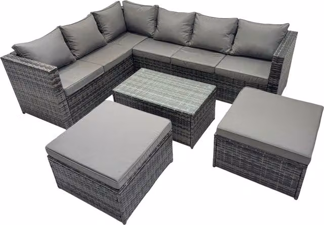 Fimous 8-Seat Dark Grey Rattan L-Shape Corner Sofa Set with Coffee Table and 2 Ottomans
