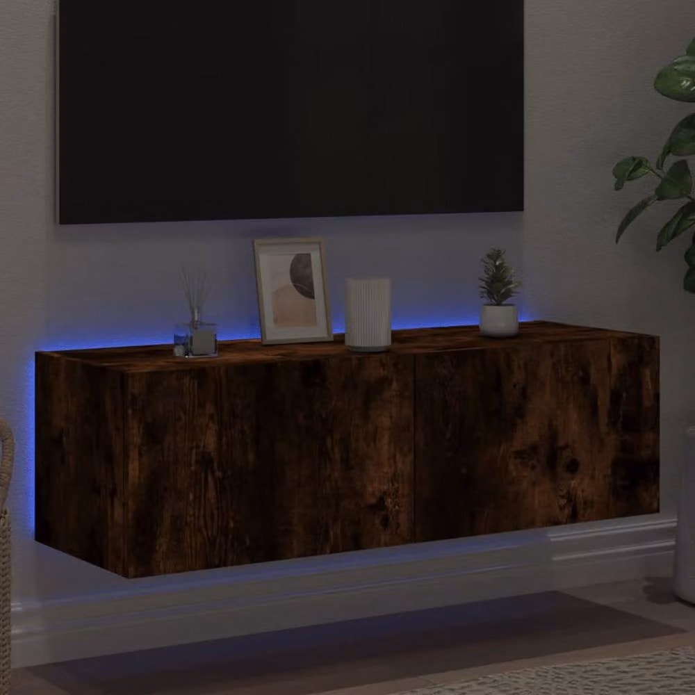 Berkfield Home TV Wall Cabinet with LED Lights in Smoked Oak Brown, W: 100 cm, D: 35 cm, H: 31 cm – 4