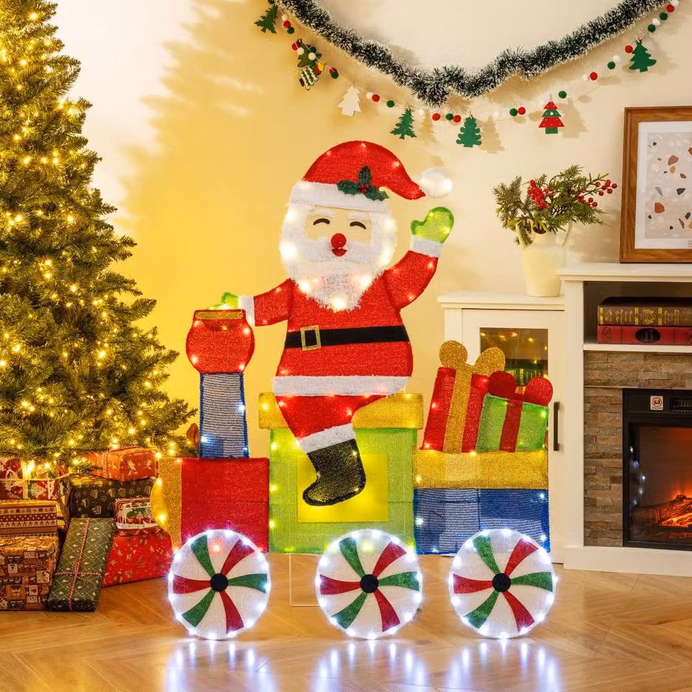 Gymax Multicolour 2D Santa Claus on Train with LED Lights for Indoor and Outdoor Christmas Decoration – 2