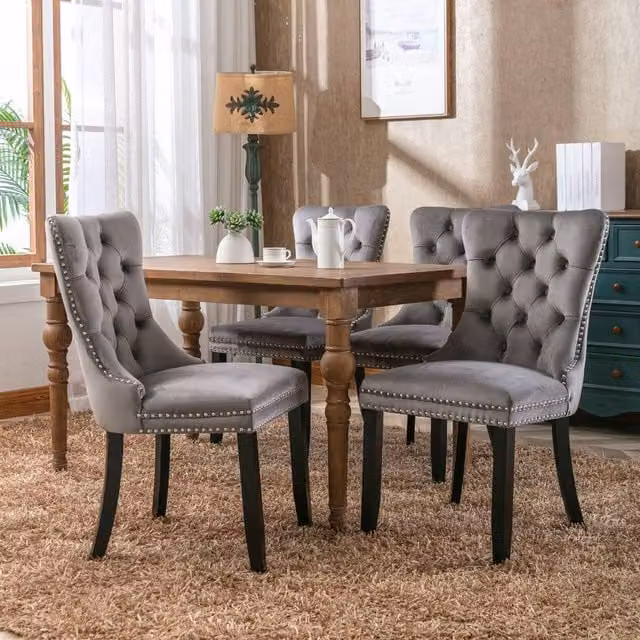 Modern Home Touch Romsey Set of 4 Grey Velvet Upholstered Dining Chairs with Oak Legs and Knocker Ring Back – 1