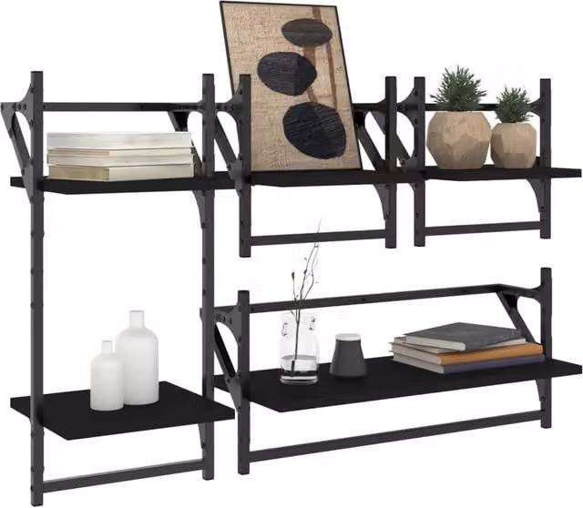 Berkfield Home 4 Piece Black Decorative Wall Mounted Shelf Set with Hanging Rods