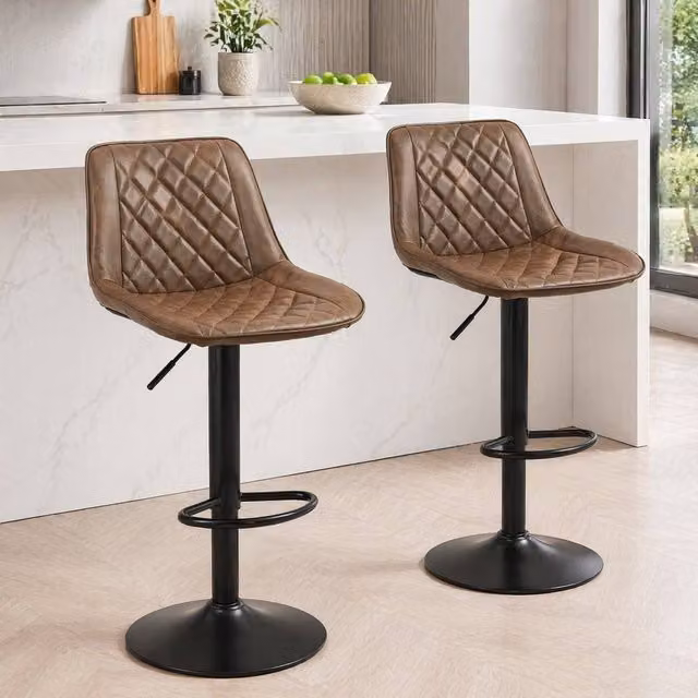 STILVORA Set of 2 Modern Adjustable Height Swivel Bar Stools in Brown Synthetic Leather – 1
