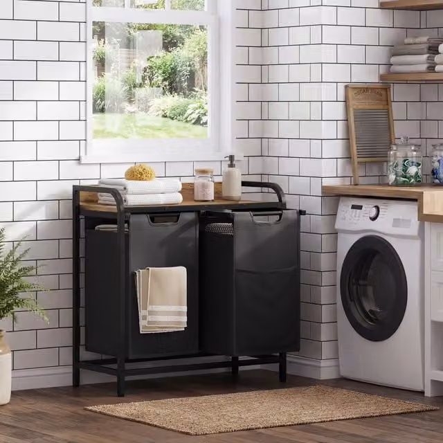 Yaheetech Pull-Out Laundry Basket with Shelf and Removable Bag, Brown or Black, H 120 x W 69 x D 69 cm