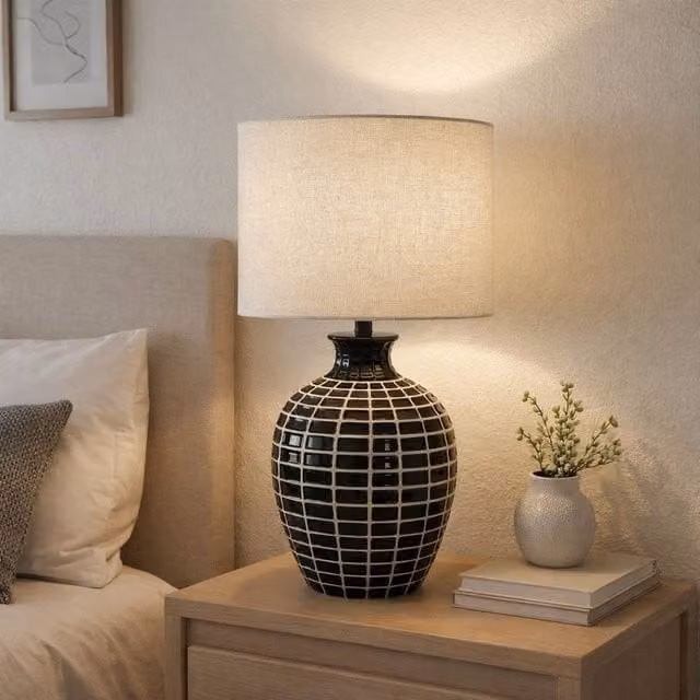 Pagazzi Donna Wood Effect Table Lamp in Black with Beige Fabric Shade, H 63 cm x W 38 cm x D 38 cm – 1