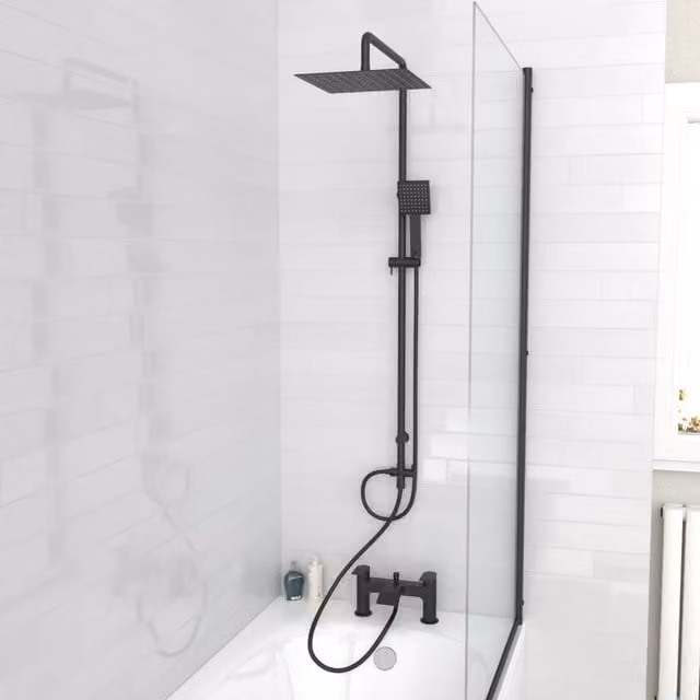 Nes Home Square Shower Bath Mixer Tap, Handset and Riser Rail Kit in Matte Black