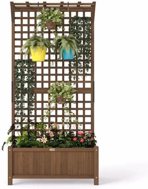 Nordara Brown Wooden Raised Bed Planter with Trellis and Drain Holes for Herb and Vegetable Gardens – 1
