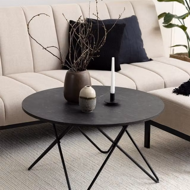 Furniture To Go Wyre Round Industrial Coffee Table in Matt Black Metal and Stone