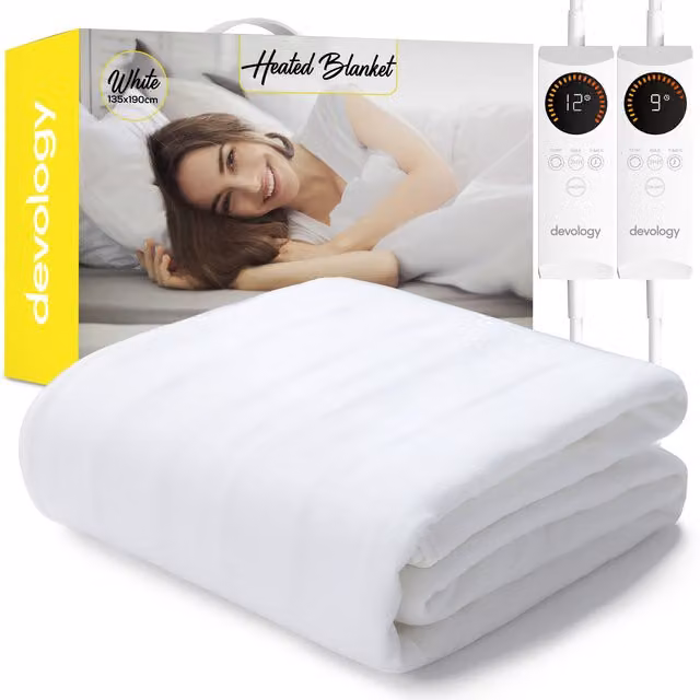 Devology White Flannel Fully Fitted Heated Underblanket Mattress Cover with Straps, Double W/D/H: 135 x 190 cm