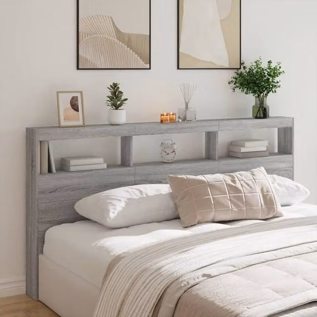Berkfield Home Modern Wall-Mounted Headboard Cabinet with LED Lighting and USB Charging Port in Grey Sonoma, W/D/H: 200 x 17 x 102 cm