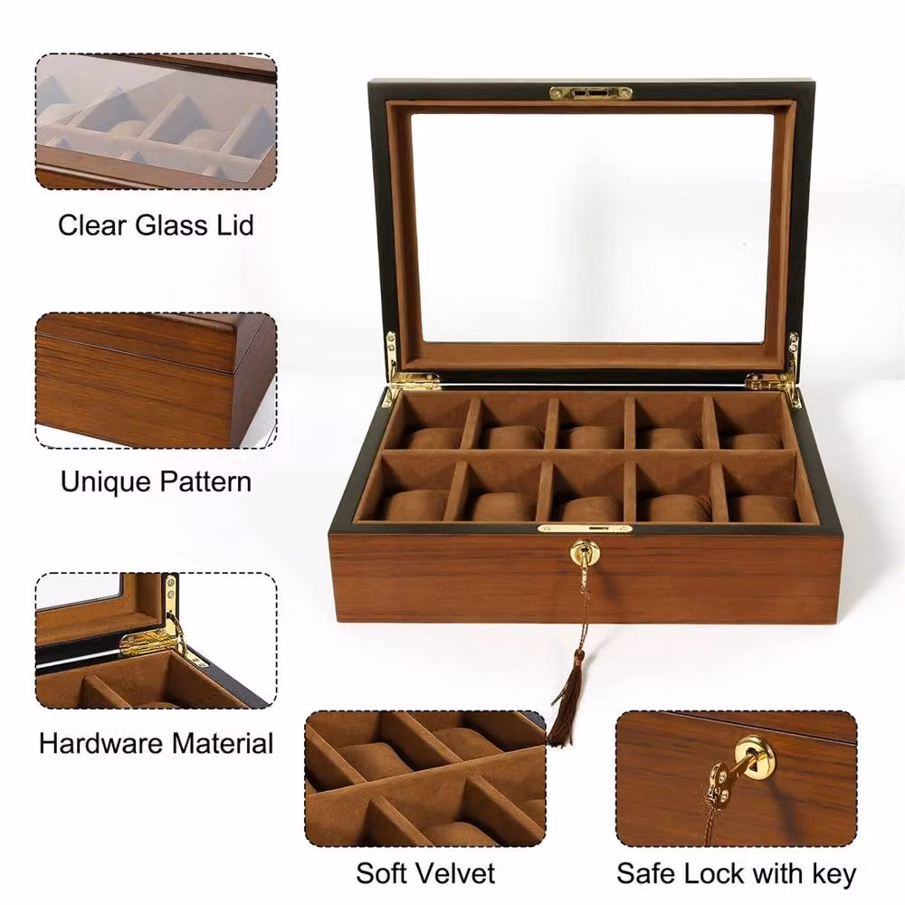 Kelvenix 10 Grid Watch Display and Storage Organizer Box in Brown Wood and Metal, W/D/H: 31.5 x 29.0 x 1.0 cm – 4