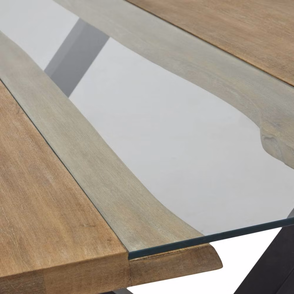 Wyld Haus Vouvant Live Edge Acacia Dining Table with Glass Inlay and Black X Frame in Natural – 6
