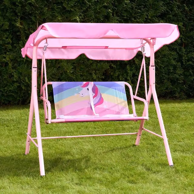 OHS Kids Unicorn Garden Swing Bench with UV-Resistant Sun Canopy in Pink