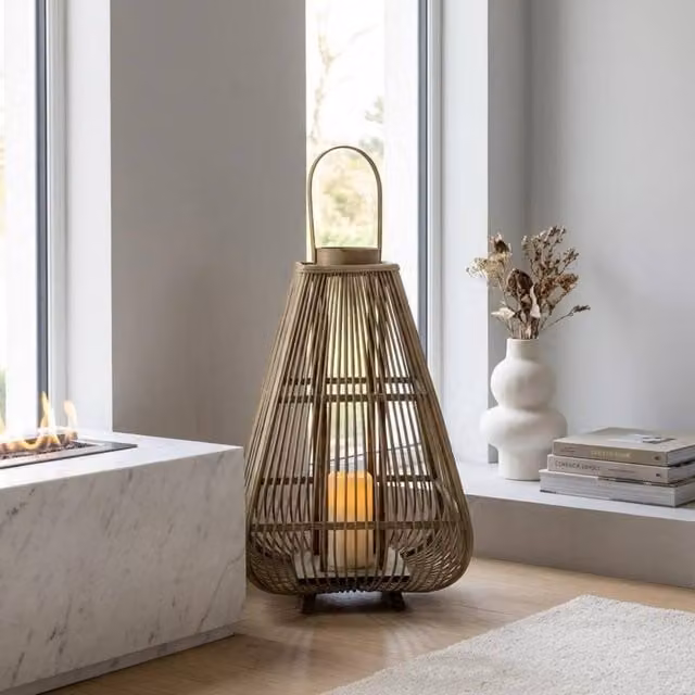 Garden Greatness Rustic Brown and Beige Rattan Pillar LED Lantern, Tabletop Round Design