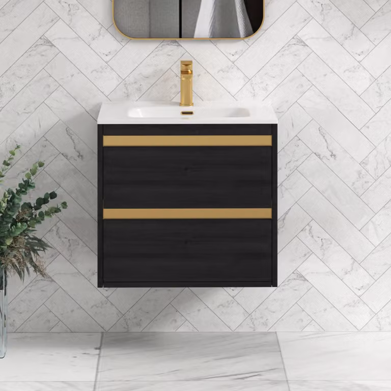 Royal Bathrooms Orion 600mm Wall Hung 2 Drawer Vanity Unit in Matt Black with Ceramic Basin and Brushed Brass Accent Trim