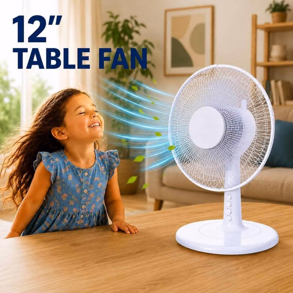 Dyzi 35W 12 Inch Oscillating Table Fan with 3 Speeds and Adjustable Tilt, White – 2
