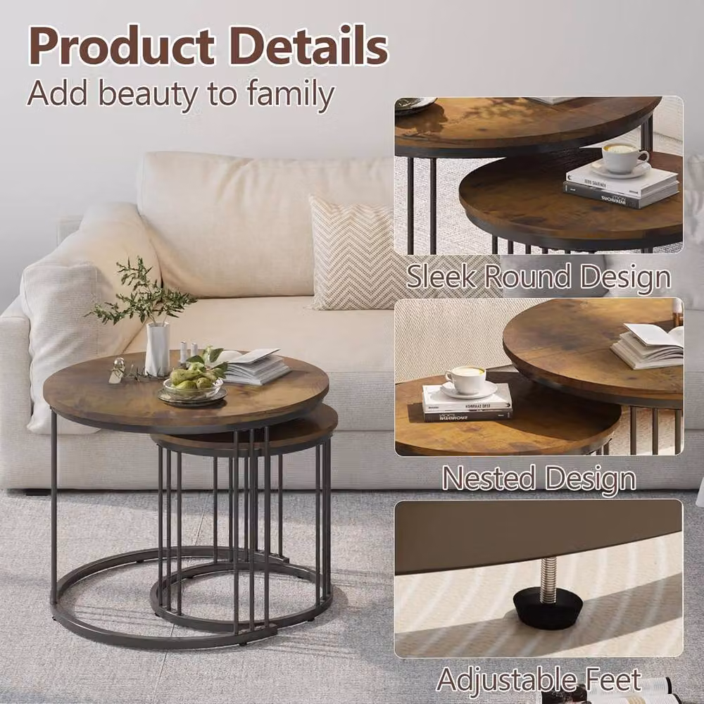 Huhote Set of 2 Brown Round Nesting Coffee and Side Tables with Metal Frame – 3