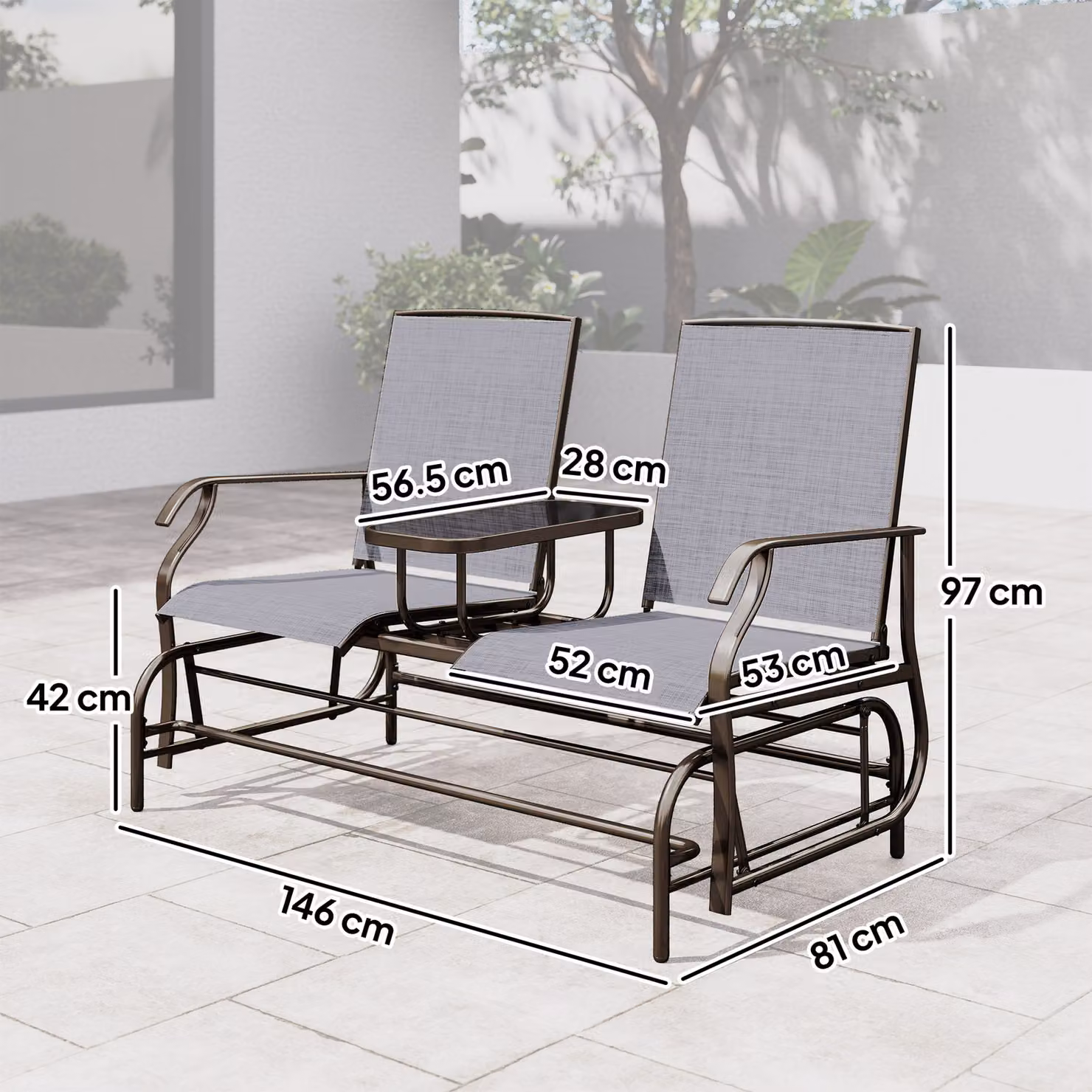 Outsunny Metal Double Swing Chair Glider with Side Table and Cushions, Grey – 3