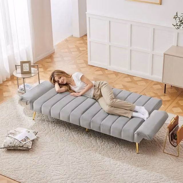 Matteo Grey Velvet Click Clack Sofa Bed with Adjustable Headrest and Sleeping Function, W/D/H: 140 x 200 cm