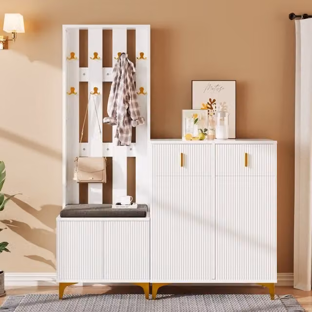 Aosom UK Modern Wardrobe Set with Shoe Bench and Cushion in White and Gold, W: 60.5 cm, D: 35 cm, H: 180.5 cm
