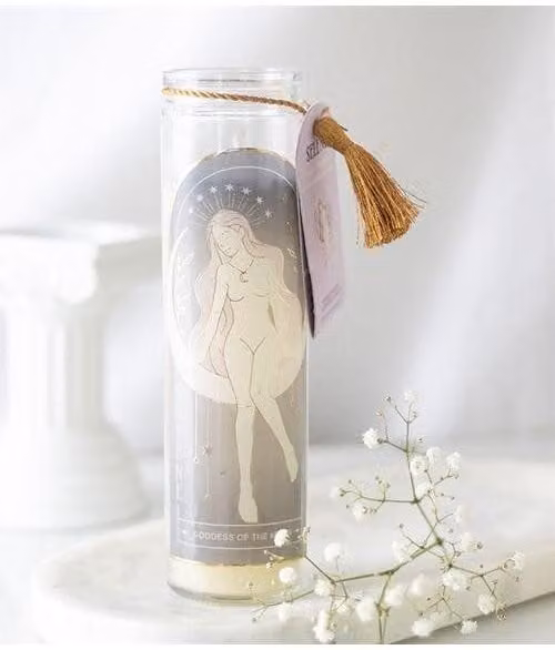 KDMD Selene Goddess Tube Candle with Amethyst Crystals in Beige and White